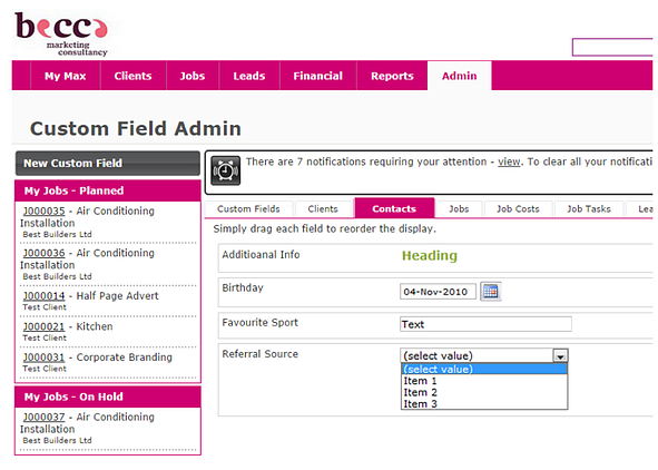 custom fields WorkflowMax screenshot3