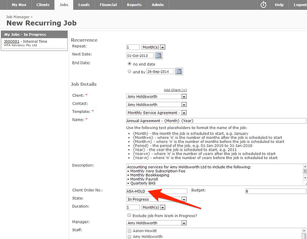 New Recurring Job - WorkflowMax