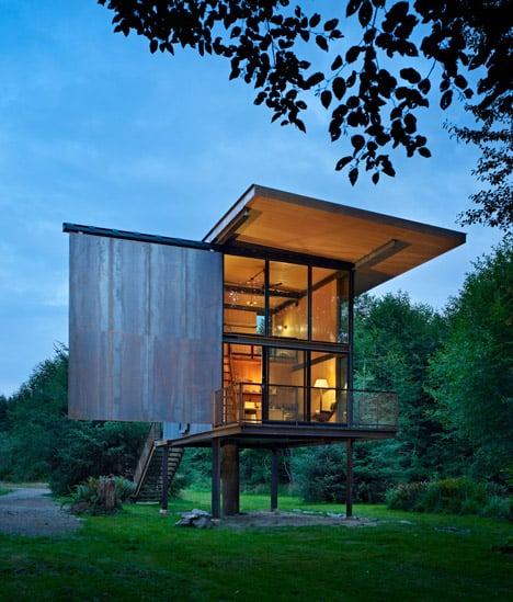 Sol Duc Cabin by Olson Kundig Architects is able to be closed off with steel shutters to create a kind of cosy apocalyptic bunker.