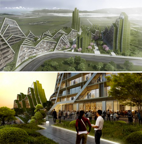 The Bjarke Ingels Group created this mountain-inspired mixed-use complex complete with walkable green roofs.