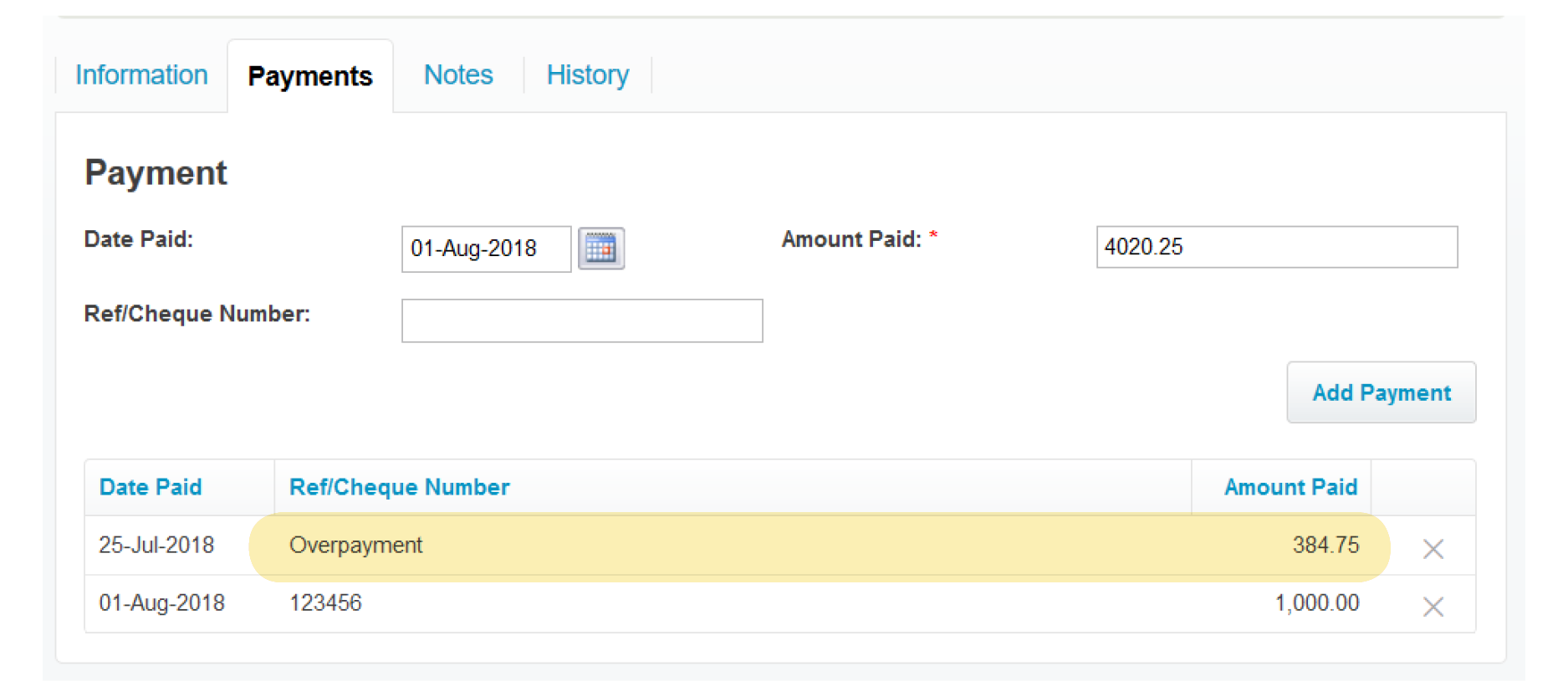 payments tab WorkflowMax